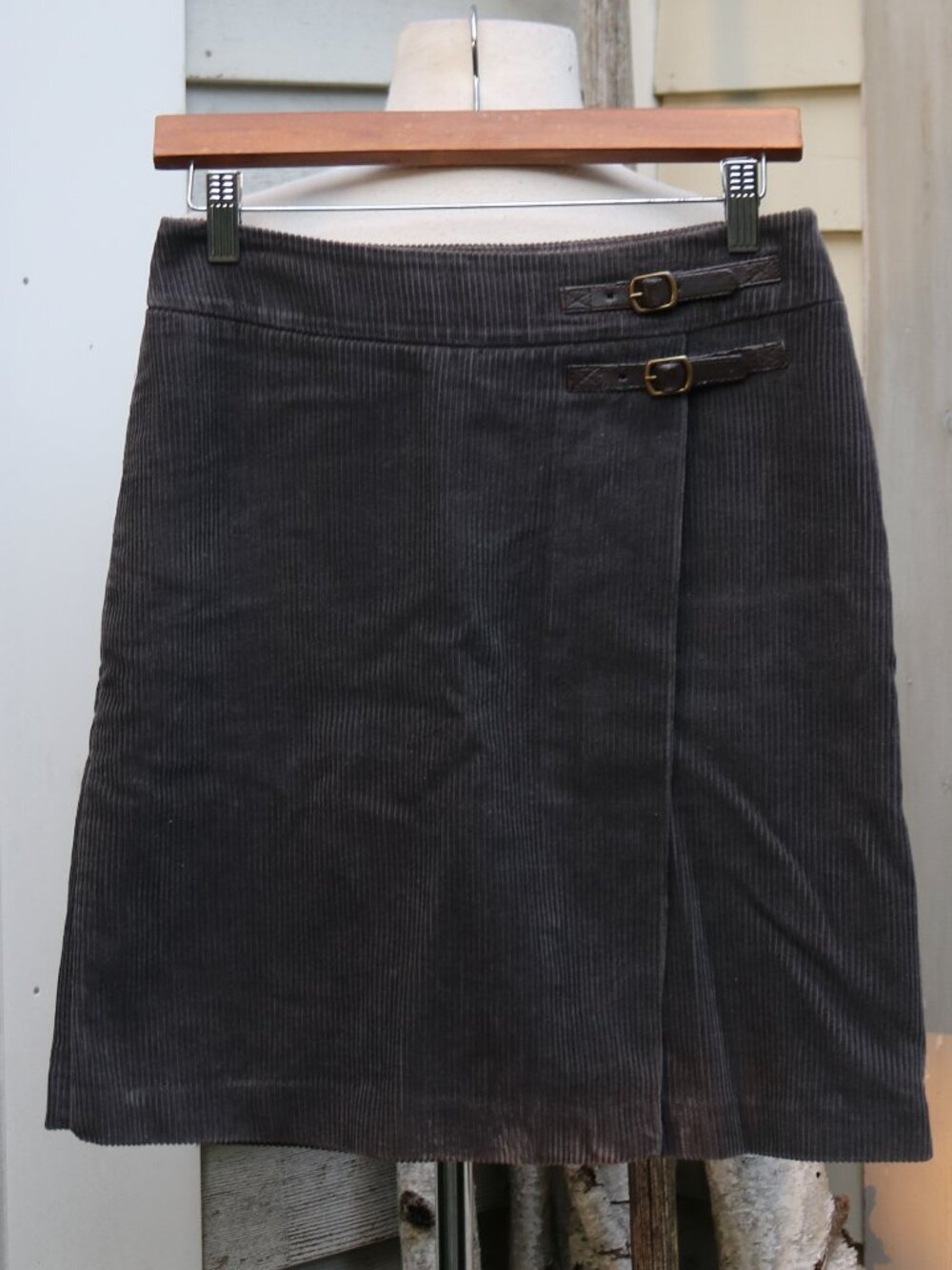 Boden Grey Cotton Corduroy Side Belts w Buckles Faux Wrap Skirt Sz 4
